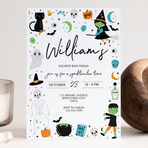 May include: A Halloween party invitation for William's fourth birthday. The invitation features a black cat, a ghost, a witch, a skeleton, a cauldron, a pumpkin, and other Halloween-themed illustrations. The invitation is decorated with stars, moons, and other festive elements. The text on the invitation reads "William's Fourth Boo-Thday" and includes the date and time of the party.