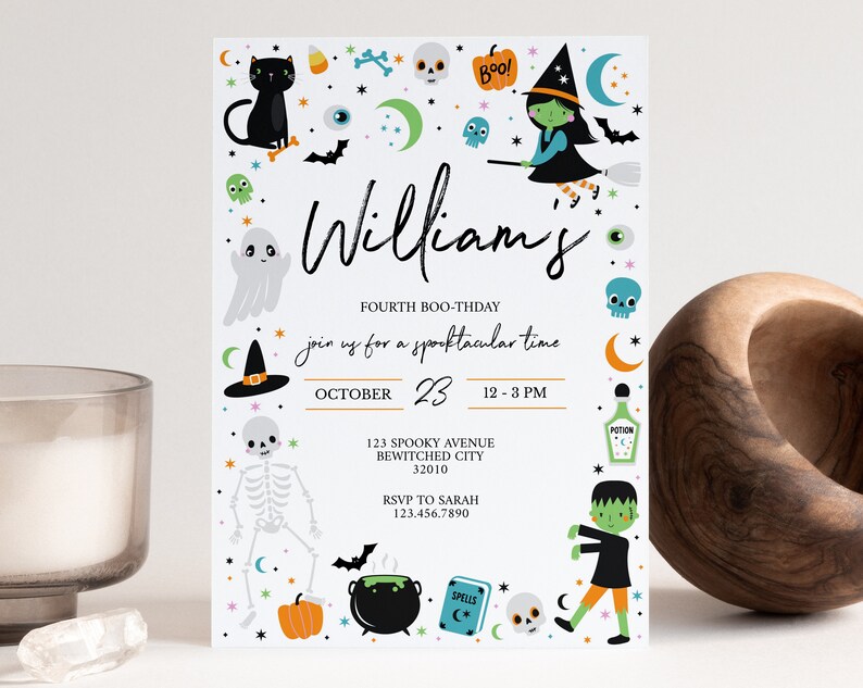 May include: A Halloween party invitation for William's fourth birthday. The invitation features a black cat, a ghost, a witch, a skeleton, a cauldron, a pumpkin, and other Halloween-themed illustrations. The invitation is decorated with stars, moons, and other festive elements. The text on the invitation reads "William's Fourth Boo-Thday" and includes the date and time of the party.