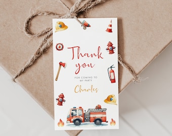 Etiquetas de regalo de cumpleaños de camión de bomberos, plantilla editable (descarga digital)