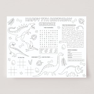Dinosaur activiteit Placemat, dinosaurus kleurplaat, afdrukbare dinosaurus partij spel, Kids Party tafel activiteit, bewerkbare partij sjabloon, D17