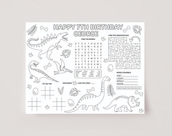Dinosaur Activity Placemat, Dinosaur Coloring Page, Printable Dinosaur Party Game, Kids Party Table Activity, Editable Party Template, D17