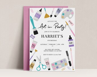 Art Birthday Party Invitation, Kids Painting Theme (Editable Template)
