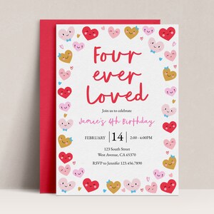 Four Ever Loved Birthday Invitation, Heart Valentine's Invite (Digital Download)