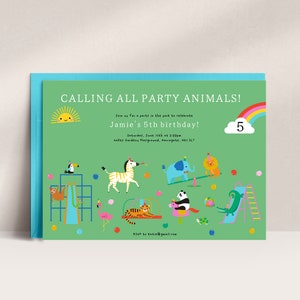 May include: A green invitation with a rainbow and a cloud with the number 5. The text reads "Calling all party animals! Join us for a party in the park to celebrate Jamie's 5th birthday! Saturday, June 11th at 3:00pm Valley Gardens Playground, Horrogate, H01 5LT RSVP to basic@gmail.com". The invitation is decorated with colorful animals and a playground.