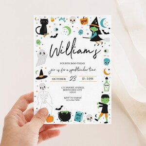 May include: A Halloween party invitation for William's fourth birthday. The invitation features a white background with colorful cartoon illustrations of Halloween characters, including a witch, a ghost, a skeleton, a black cat, a pumpkin, a cauldron, and a monster. The text on the invitation reads "William's Fourth Boo-thday Join us for a Spooktacular Time October 23 12-3 PM 123 Spooky Avenue Bewitched City 32010 RSVP to Sarah 123.456.7890"