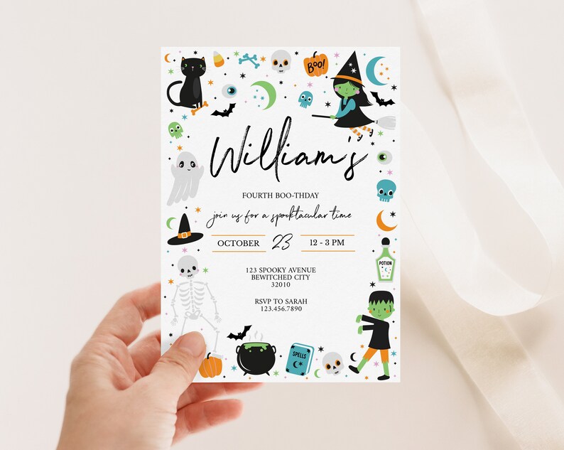 May include: A Halloween party invitation for William's fourth birthday. The invitation features a white background with colorful cartoon illustrations of Halloween characters, including a witch, a ghost, a skeleton, a black cat, a pumpkin, a cauldron, and a monster. The text on the invitation reads "William's Fourth Boo-thday Join us for a Spooktacular Time October 23 12-3 PM 123 Spooky Avenue Bewitched City 32010 RSVP to Sarah 123.456.7890"