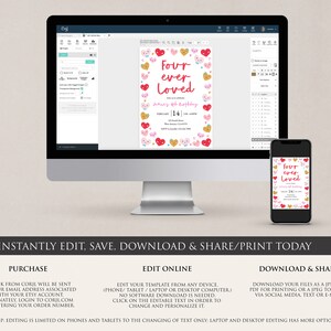 May include: Editable digital invitation for a 4th birthday party. The invitation features a pink and gold color scheme with hearts and the text "Four ever Loved".