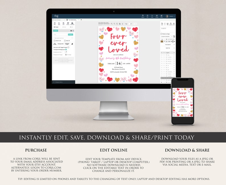 May include: Editable digital invitation for a 4th birthday party. The invitation features a pink and gold color scheme with hearts and the text "Four ever Loved".