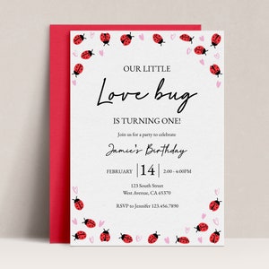 Valentine&#39;s Birthday Party Invitation Editable Valentine&#39;s Invite Love Bug Party Invite Ladybug Invitation Ladybird Instant Download, D81