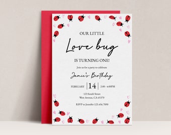 Invitation de fête d’anniversaire de la Saint-Valentin Invitation de Saint-Valentin modifiable Love Bug Party Invite Ladybug Invitation Ladybird Téléchargement instantané, D81