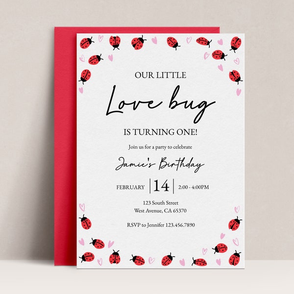 Valentine's Birthday Party Invitation Editable Valentine's Invite Love Bug Party Invite Ladybug Invitation Ladybird Instant Download, D81