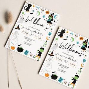 May include: Two white invitation cards with a Halloween theme. The cards feature a black cat, a ghost, a skeleton, a witch, a cauldron, a pumpkin, and a monster. The text on the cards reads "William's Fourth Boo-thday" and includes the date, time, and RSVP information.