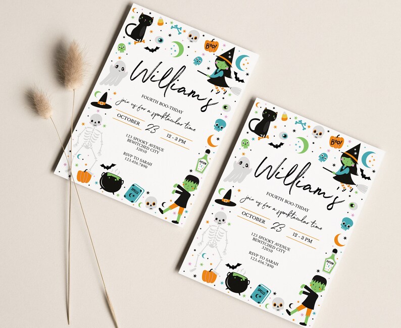May include: Two white invitation cards with a Halloween theme. The cards feature a black cat, a ghost, a skeleton, a witch, a cauldron, a pumpkin, and a monster. The text on the cards reads "William's Fourth Boo-thday" and includes the date, time, and RSVP information.