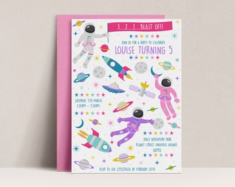 May include: A white invitation with a pink border. The invitation features a space theme with illustrations of astronauts, rockets, planets, and stars. The text on the invitation reads "3...2...1... BLAST OFF!" and "JOIN US FOR A PARTY TO CELEBRATE LOUISE TURNING 5". The invitation also includes the date, time, and location of the party.