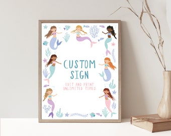 Cartello modificabile per festa di compleanno a forma di sirena, decorazione personalizzata (download digitale)
