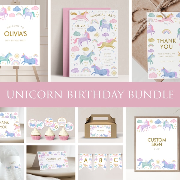 Unicorn Birthday Invitation Bundle Editable Unicorn Party Bundle Printable Birthday Bundle Unicorn Party Package Birthday Templates D19
