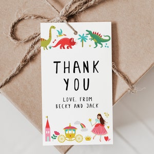 Bearbeitbare Prinzessin und Dinosaurier Geschenkanhänger, Dinosaurier Dankeschön Tags, Prinzessin Custom Geschenkanhänger, Prinzessin & Dinosaurier Geburtstagsfeier, D49