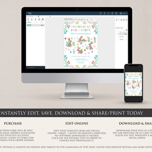 K&ouml;nnte beinhalten: Ein Computerbildschirm und ein Mobiltelefon zeigen eine digitale Einladung mit einer farbenfrohen Illustration von Hasen, die &uuml;ber ein Blumenmuster h&uuml;pfen. Der Text der Einladung lautet "Hop on Over for a Party".
