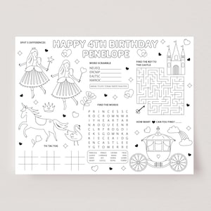 Princess Party Activity Placemat, Princess Coloring Page, Printable Party Game, Princess Party Table Activity, Editable Party Template, D44