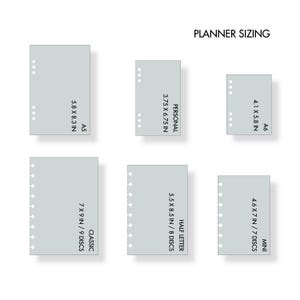 May include: A chart showing the different sizes of planners available. The sizes are labeled as A5, Personal, A6, Half Letter, Classic, and Mini. The dimensions of each planner are listed in inches.