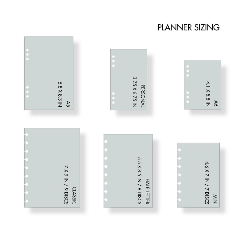 May include: A chart showing the different sizes of planners available. The sizes are labeled as A5, Personal, A6, Half Letter, Classic, and Mini. The dimensions of each planner are listed in inches.