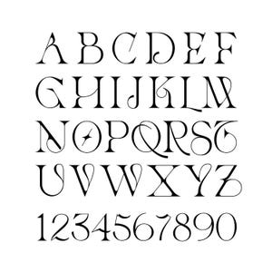 May include: A black and white alphabet and number font with decorative flourishes. The letters are uppercase and the numbers are in a standard font.