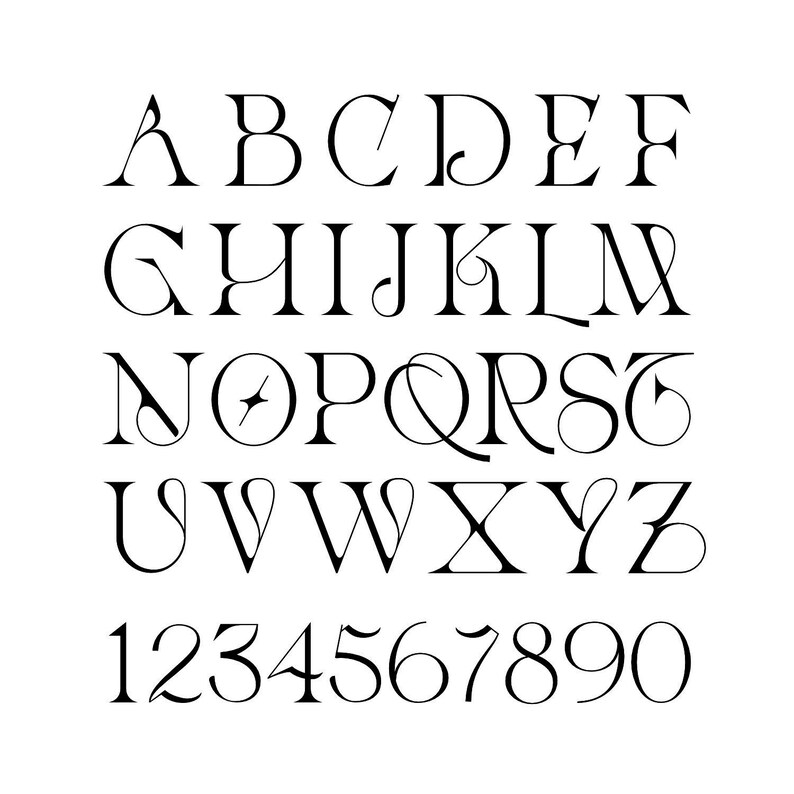 May include: A black and white alphabet and number font with decorative flourishes. The letters are uppercase and the numbers are in a standard font.