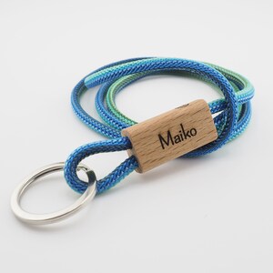 Lanyard, Schlüsselband, Schlüsselanhänger, Umhängeband, mit Holz und Namensgravur, Hand Made for YOU & FRIENDS aqua