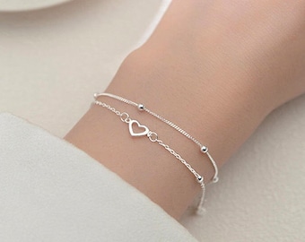 2 varianten, fijne hartjesarmband, rechthoekige armband in zilver voor dames en meisjes, fijn vervaardigd, VOOR JOU & VRIENDEN