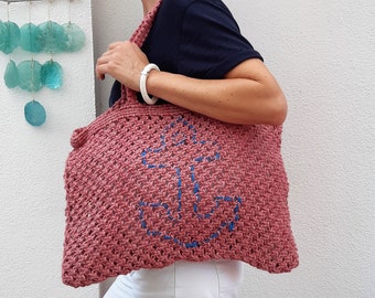 Shopper mit Anker aus Jute und Baumwolle, Einzelstück, Handmade for YOU&FRIENDS