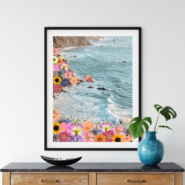Colorful Coastal DIGITAL Download | Digital Wall Art | Flowers | Coastline Poster | Altered Art | Surreal Art | California Wall Art