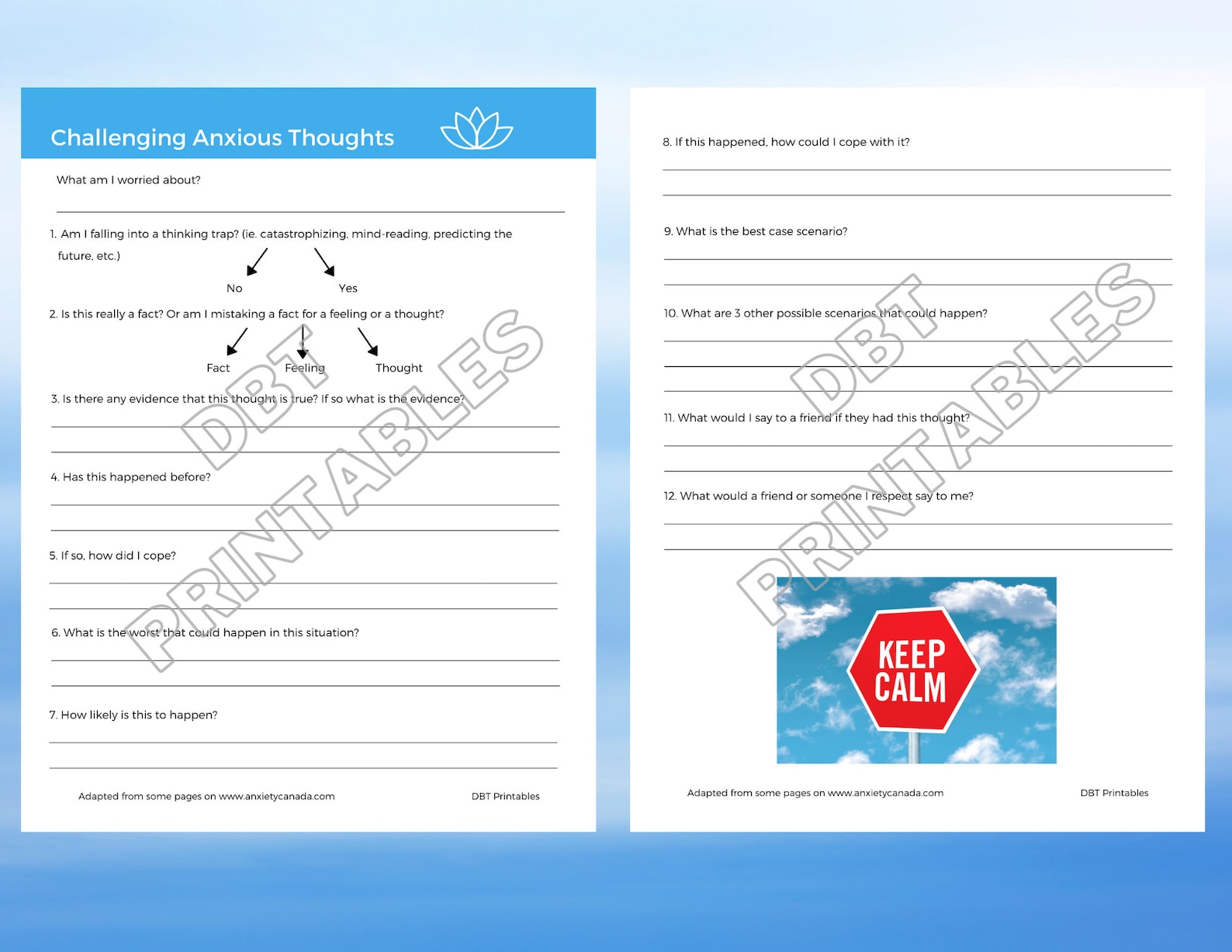 Challenging Anxious Thoughts Printable Worksheet CBT Worksheet Etsy