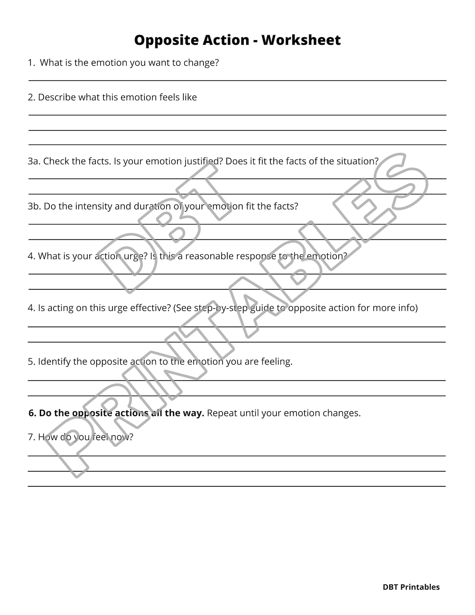DBT Opposite Action Worksheets Printable Emotion Regulation Skill