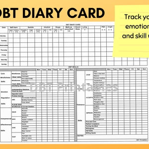 DBT Tagebuch Karte | Druckbare BPD Fähigkeiten Tracker | Dialektische Verhaltenstherapie Ressource | Psychische Gesundheit Arbeitsblatt