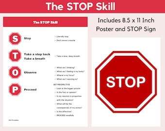 STOP Skill Printable Poster | Coping Skill | Mental Health Anxiety Depression BPD Bipolar Impulsiveness ADHD