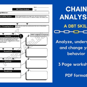 May include: A black and white printable worksheet titled "Chain Analysis: A DBT Skill" with a chain graphic and the text "Analyze, understand and change your behavior". The worksheet is a 3 page PDF format.