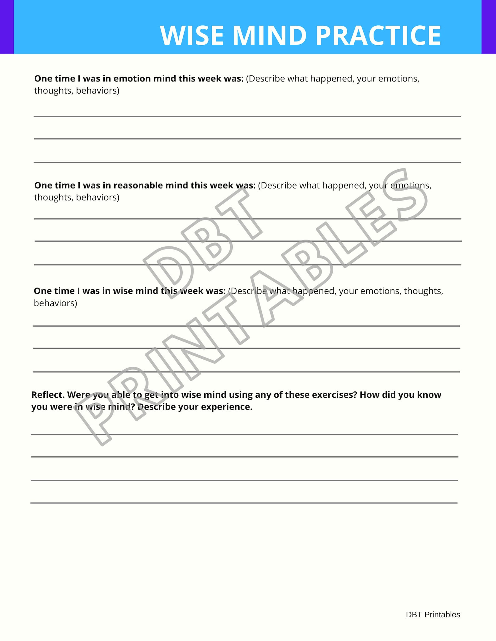 Wise Mind Worksheet and Handout DBT Mindfulness Exercises Etsy UK