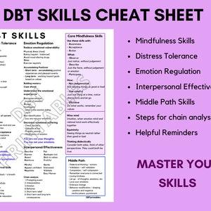 Hoja de trucos imprimible de habilidades DBT / Habilidades de terapia de comportamiento dialéctico / TLP Depresión Ansiedad Bipolar / Regulación de emociones / Salud mental