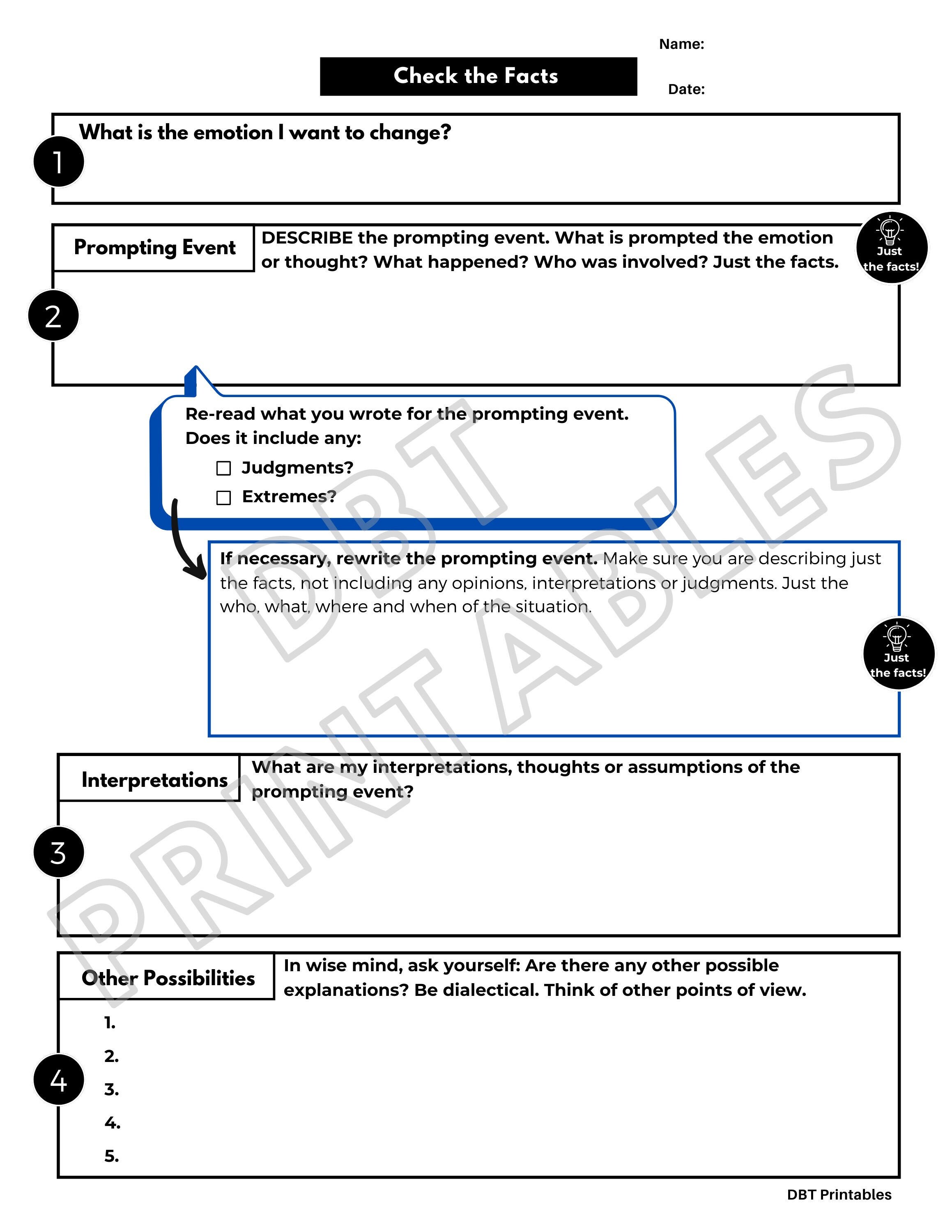 Check The Facts Worksheet CBT And DBT Therapy Printable Etsy Canada