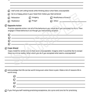 May include: A printable worksheet with a checklist and space for writing. The worksheet is titled "DBT Printables" and focuses on practicing self-acceptance.