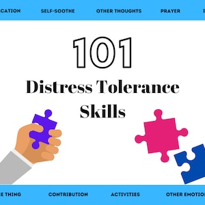 Pode incluir: Gráfico com o texto "101 Habilidades de Tolerância ao Sofrimento". Uma mão segura uma peça de quebra-cabeça roxa, com peças de quebra-cabeça rosa e azul por perto. A imagem tem uma borda azul com palavras como "Férias" e "Relaxamento".