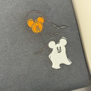 Mickey Ghost with Pumpkin Balloon Halloween Embroidered T-Shirt - Mickey Ghost Halloween T-Shirt - Disney Mickey Ghost T-Shirt