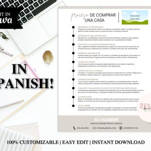 May include: A printable checklist in Spanish outlining the steps to buy a house. The checklist includes steps like determining a budget, getting pre-approval, finding a real estate agent, making an offer, and closing.