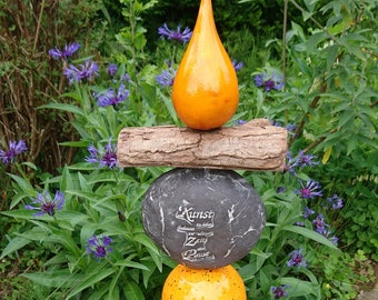 Gartendeko - Stele aus Ton in Orange Keramik - Gartenstele für Garten Landhausstil Kugeln Blume des Lebens Spruch Ornamente Ellipse