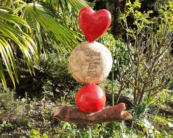 Gartenstele Stele Ellipse mit Spruch Herz für Garten Landhausstil Kugeln Ornamente Keramik Ton