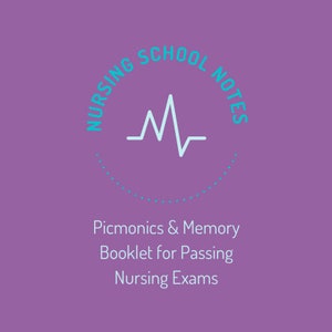 May include: A purple background with a teal circle containing the text "Nursing School Notes" and a white heartbeat graphic. Below the circle is the text "Picmonics & Memory Booklet for Passing Nursing Exams."