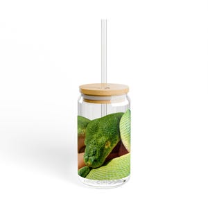 May include: A clear glass tumbler with a bamboo lid and a clear straw. The tumbler features a vibrant green snake wrapped around the inside. The snake's head and scales are visible, adding a unique touch to this drinkware.