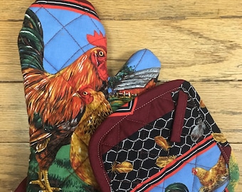 Roosters Cotton | Oven Mitt and Potholder, SET
