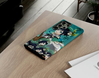 May include: A green and blue phone case with a cartoon character design. The character has blue hair and is wearing a green and white outfit. The case has a camera lens cutout and a raised edge around the screen.