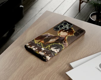May include: A brown phone case with a black and white illustration of a character from a video game. The case has a camera lens cutout and the text "原神" in black.